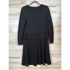 Lafayette 148 Womens M Petite Black Wool Ribbed Bodice Midi Sweater Dress Luxury